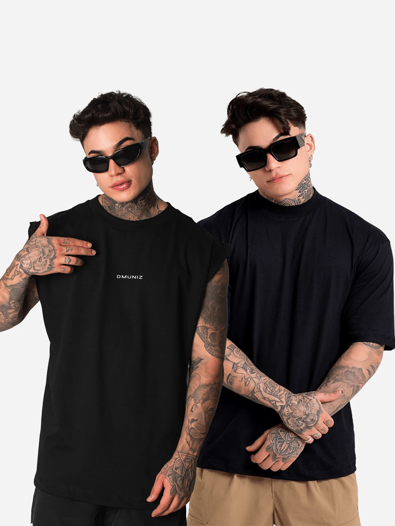 Kit Of 2 DMUNIZ Oversized Streetwear T-Shirts And Tank Tops, Plain High Neck, Crew Neck, Printed Chest - Camiseta negra/Camiseta sin mangas negra - Ver 1