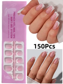 150 miếng dán móng tay vuông ngắn kiểu Pháp - Miếng dán móng tay vuông ngắn màu hồng lấp lấp, chất lượng salon, có thể tháo rời, 15 kích cỡ khác nhau. - Hồng - Xem 8