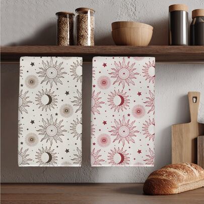2pcs Abstract Sun Moon Star Pattern Kitchen Towels, 40*60cm Soft Microfiber Material Dish Cloths, Suitable For Home Kitchen Restaurant Outdoor Camping Tabletop Cleaning, Durable Cooking Baking Tea Towels, Holiday Gift