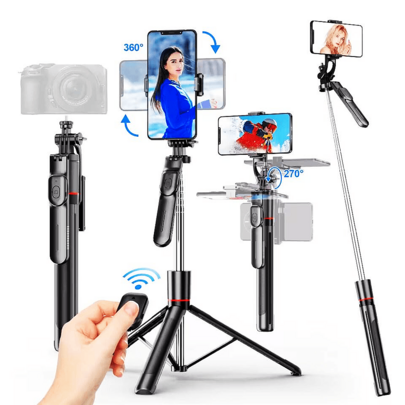 BSLIUFANG 1.7m Selfie Tripod Portable Camera Tripod With Wireless Remote Control And 360 ° Rotation For Video Recording And Live Streaming For Live Streaming, Vlog,Family Gatherings, Christmas Party Shooting,For Handheld Selfie, Outdoor Activities, Interviews Compatible With Iphone Android Phone For Summer Vacation, Travel,Outdoor Activities, Live Streaming Selfie Stick