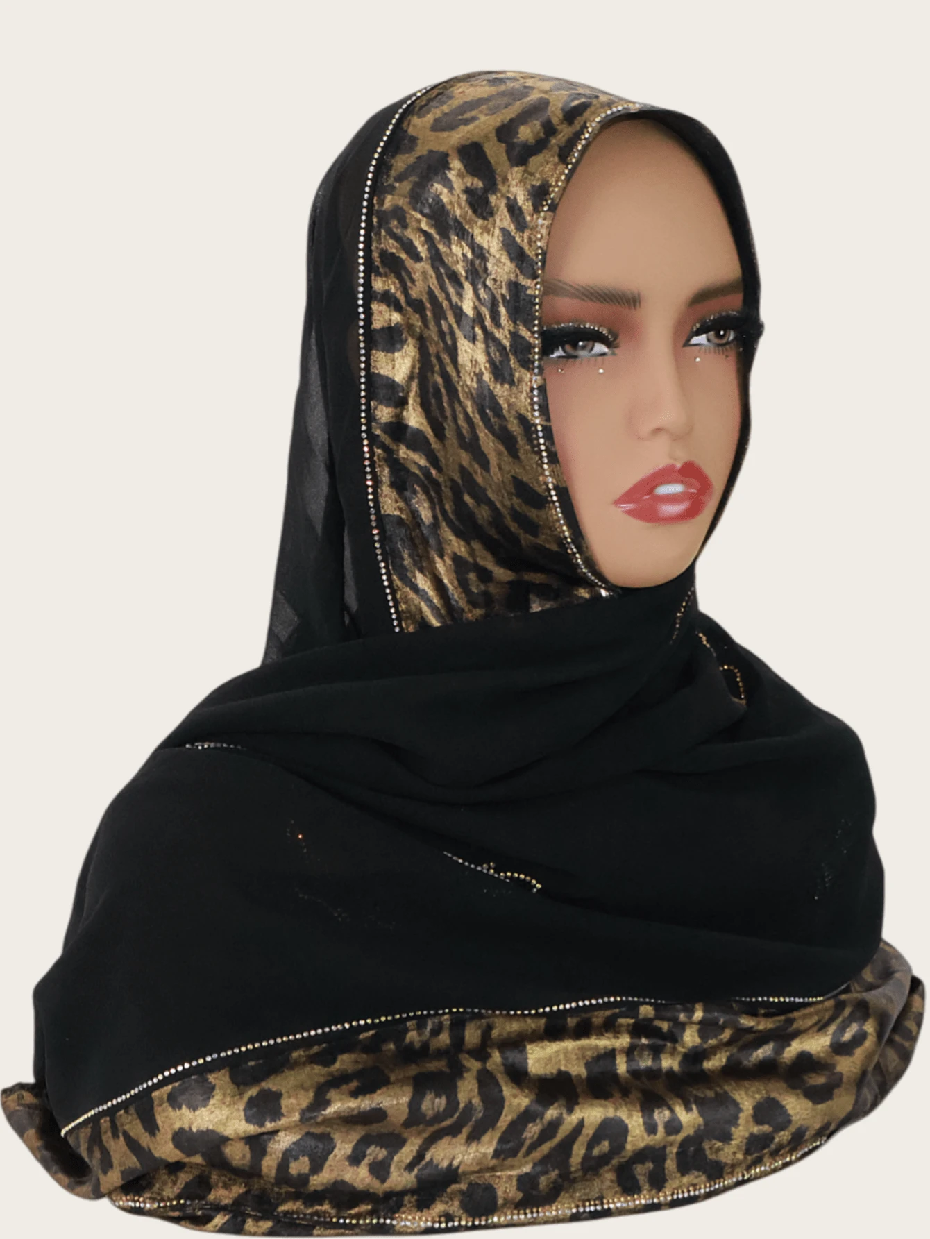 1件装女士时尚优雅穆斯林头巾，拼接印花设计，镶嵌水钻，中东风格长款围巾 - 豹紋拼接水鑽長巾 - 查看 1