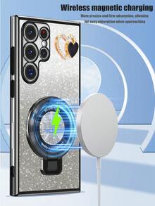 一套心形钻石+新款CD图案折叠支架+电镀保护壳，适用于Infinix Zero 30/Pop/Camon/Smart系列，兼容 11/12/13/14/15 Pro Max、S22/23/24+、OPPO、VIVO、Redmi 13C+、Moto G、Redmi Note 13C/12/11 Pro、畅享20/30/40/50/60/70、荣耀90/80/70/60/50、X9/X8/X7/X6/X5，防摔，全新电镀工艺 - 黑色 - 查看 2