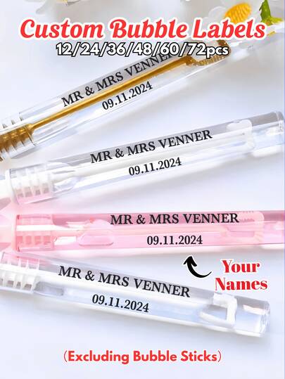 1/12/24/36/48/60/72個 パーソナライズされた結婚式の泡ラベル [ラベルのみ、チューブは含まれていません] カスタム結婚式の泡ラベル、カスタム名前とロゴ PVCステッカー 結婚式の引き出物、バチェロレットパーティー、Sweet 16、アウトドア結婚式の送別、カスタムの泡ワンドラベル、結婚式の泡チューブラベル