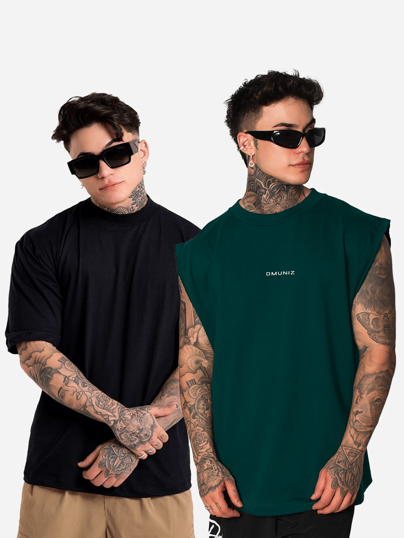 Kit Of 2 DMUNIZ Oversized Streetwear T-Shirts And Tank Tops, Plain High Neck, Crew Neck, Printed Chest - Áo thun đen/Áo ba lỗ xanh lá cây - Xem 1
