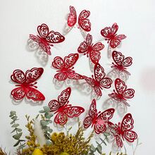 12pcs 3D Butterfly Wall Decor Stickers, Suitable For Living Room, Bedroom, Wedding Venue, Party Decoration - Red - View 3