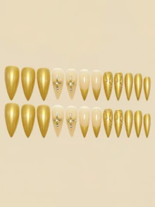 24pcs 3D Embossed Gold Striped Rhinestone French Fake Nails, Y2K Style Nail Art Supplies - Gold - View 2