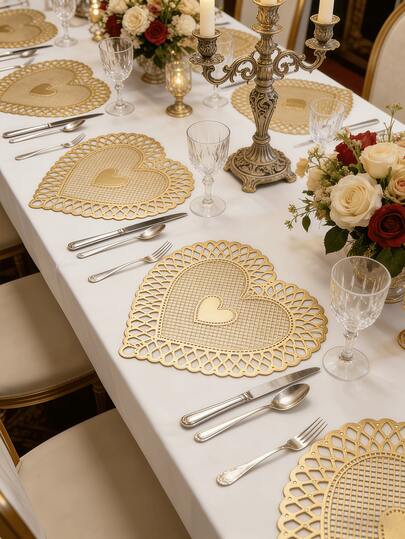 1-200pcs Gold Heart-Shaped PVC Placemats, Washable, Easy To Clean, Wipe-Clean, Non-Slip, Holiday Wedding Party Dining Table Decor