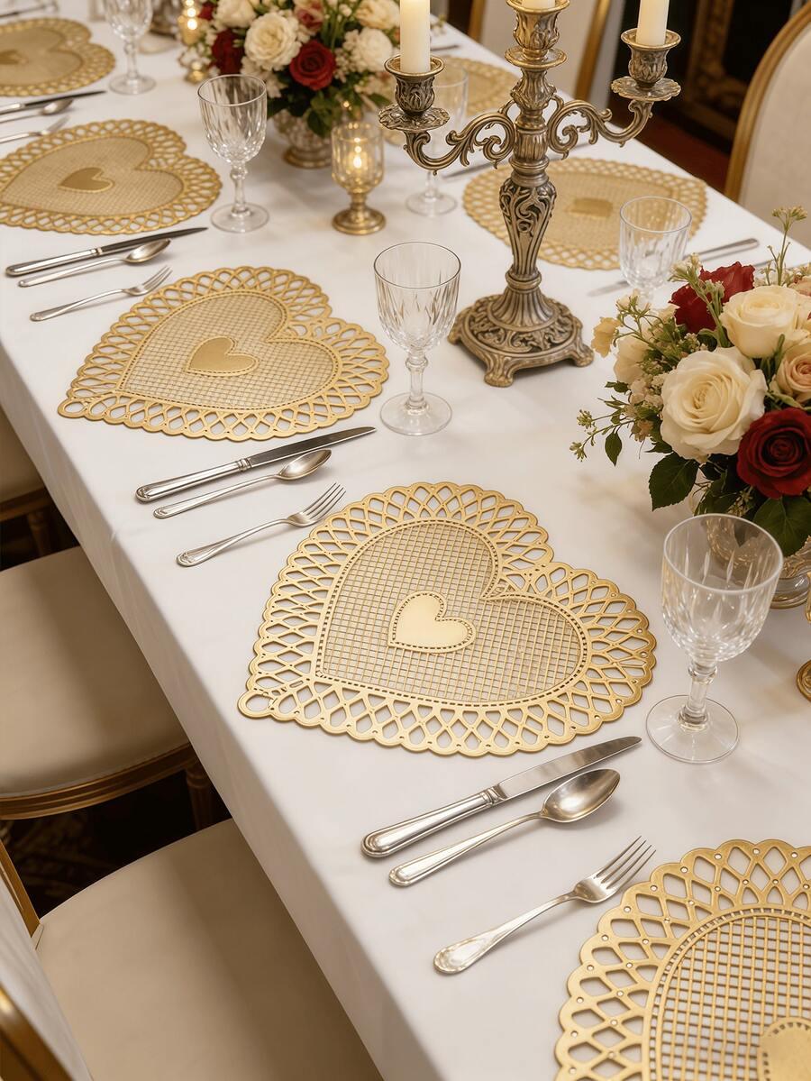 1-200pcs Gold Heart-Shaped PVC Placemats, Washable, Easy To Clean, Wipe-Clean, Non-Slip, Holiday Wedding Party Dining Table Decor - Multicolor - View 1