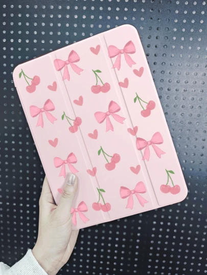 Funda protectora con diseño de corazón, lazo y cereza, adecuada para iPad 10.2", iPad Pro 11" (2021/2020/10a generación), iPad Mini 4/5/6, Galaxy Tab A8 10.5" (2022), con ranura para lápiz, anti-caída, cubierta protectora con soporte para tableta (rosa)