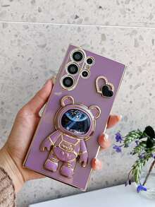 宇航员系列心形粉饼盒，电镀防摔手机壳带隐藏式支架，适用于 11/12/13/14/15/16 Pro Max、S22/23/24+、A012345/654321、MOTO等型号 - 紫色 - 查看 2