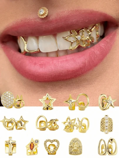 1/2Pcs Grillz Teeth Caps For Women Men Fake Tooth Cap Grill Dental Jewelry Kit For Teeth Hip Hop Daily Streetwear Party Single Grillz Jewelry Set Gold