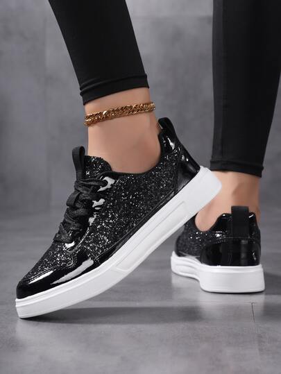 New Outdoor Casual Shoes, Y2K Style Low-Top Round Toe, Glitter Street Shoes, Fashionable Women Sports Skateboard Sneakers