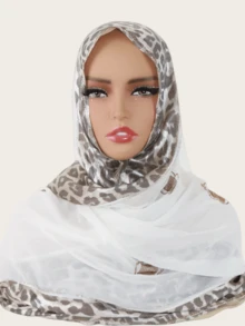1件装女士时尚优雅穆斯林头巾，拼接印花设计，镶嵌水钻，中东风格长款围巾 - 豹紋拼接水鑽長巾 - 查看 9