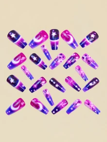 24pcs Purple Star & Moon Pattern False Nails, Fashionable Nail Art, Y2K Style Nail Stickers - 紫色 - 查看 3