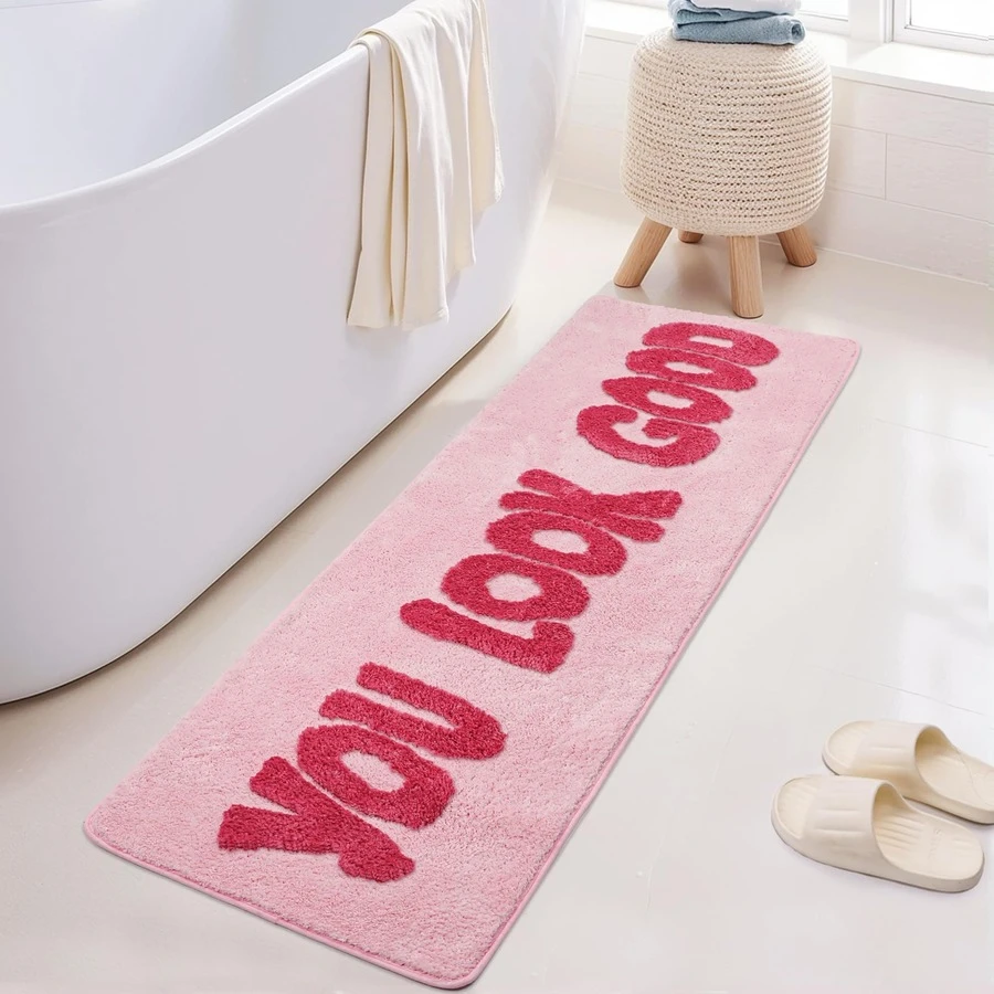1pc Pink Rose Contrast Color "YOU LOOK GOOD" Doormat, Sweet Pink Rose Contrast With Inspiring English Phrase, Creates Energetic And Girly Atmosphere, Suitable For Bathroom, Bedroom Bedside And Other Scenes, Bathroom Mat, Bath Rug, Door Mat, Small Rug, Carpet, Doormat, Home Decor, Area Rug, Outdoor Mat, Area Carpet, Bedroom Carpet, Machine Washable Rug - Multicolor - View 1