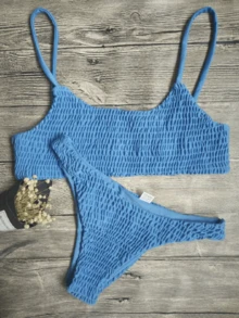 Women's Sexy Triangle Bikini Set Smocked Textured Scoop Frilled Solid Ruched Elastic Swimsuit Two Piece Bathing Suit - Blue - View 2