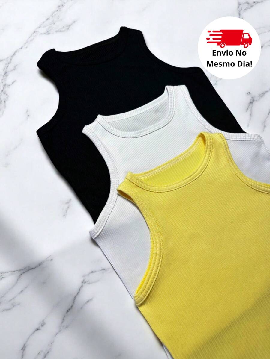 3 Piece Kit Basic Ribbed Cropped Tank Top New - 黃色 - 查看 1