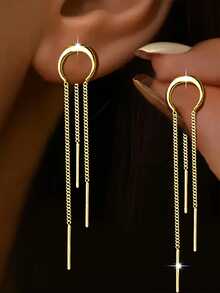 1对S925纯银个性化链条流苏耳环，女士时尚百搭长款耳环，独特清新优雅的节日礼物 - 流蘇 - 查看 6