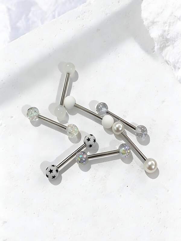 Set de 7 piezas de anillos de lengüeta de barra redonda minimalista, pendientes de perforación de lengüeta de 14G, en colores rosa, blanco, verde, azul, rojo