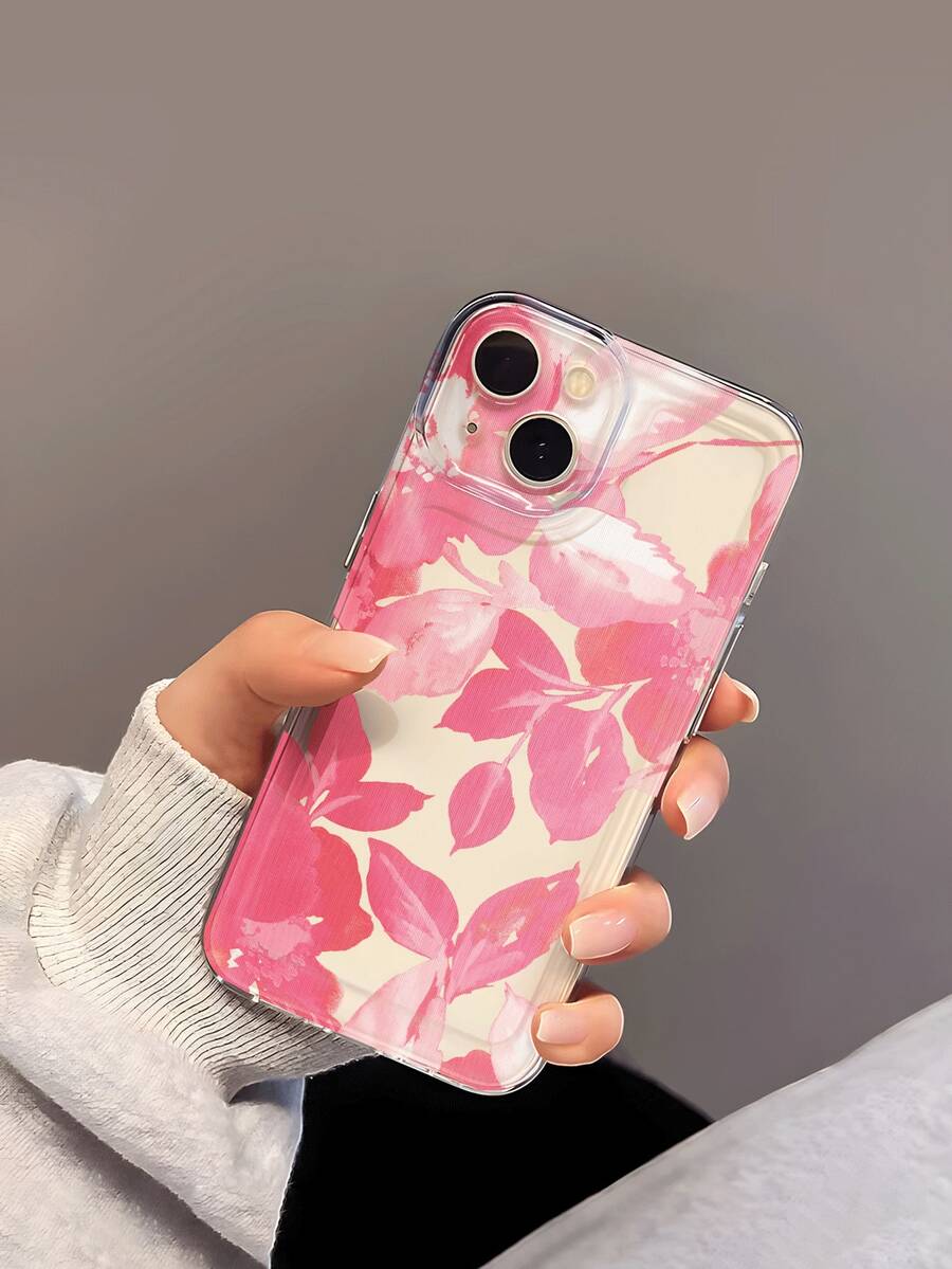1pc French Retro Oil Painting Texture Thick Brush Stroke Pink Abstract Floral & Layered Leaf Illustration Transparent Soft Silicone Shockproof Anti-Yellowing Slim Phone Case Compatible With Apple Phones - Multicolor - View 1