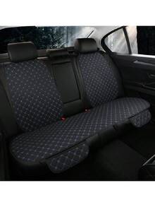 3pcs Car Seat Cushion Set, 4-Season Breathable Rear Bench Pad With Backrest, Linen Fabric With Square & Polka Dot Embroidery, Universal Fit - Multicolor - View 4