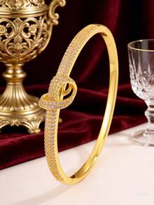 2 piezas - Juego de pulsera de cobre chapado en oro y pulsera de acero inoxidable, completamente incrustado con piedras de circonita. El diseño anudado y apilado de circonita es perfecto para que las mujeres lo usen todos los días, agregando un toque de sofisticación. - Oro 5 - Ver 4