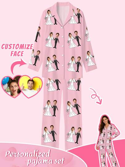 Customized Women's Pajama Set, Unique Big Head Photo, Couple Face Replacement, Wedding Pajamas, Pajama Party, Funny Personalized Photo Custom Gift Suitable For Wife, Girlfriend, Sister And Family, Ladies Sleepwear Can Customize Own Face, Pet , Long Sleeve Pajama Set Essential For Home,