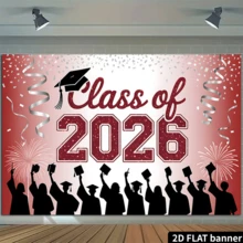 2D Flat, 1pc 2026 Graduation Banner, Red & Gold Party Decor With Confetti, Balloons And "Congrats Graduates" Text, Suitable For Photo Booth Backdrop, Multipurpose Decoration, Holiday Gift, Polyester Material, No Power Required - Multicolor - View 6