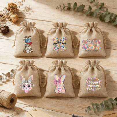 6Pcs Easter Burlap Drawstring Gift Bags With Funny "Egg Stra" Puns, Cute Bunny, Colorful Eggs & Floral Carrot Design, Reusable Linen Pouches For Kids Egg Hunt, Candy & Spring Party Favors