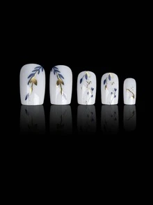 Sanrio 24pcs/Set Classic Jade White Matte Texture Navy Blue Tree Leaf & Gold Foil & Wheat Ear & Branch Pattern Simple Ins Style Square False Nails With 1pc Jelly Glue & 1pc Nail File Press On Nails Nail Supplies - Multicolor - View 3