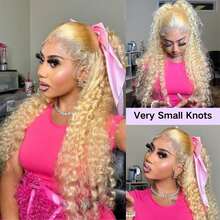 34英寸深波浪蕾丝前假发，混合真人发丝，13x4高清蕾丝前假发，预先拔毛的巴西卷发真人发假发，200密度无胶前额假发，适合，#613 Blode - S613 - 查看 4