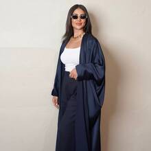 1件時尚極簡拼接復古印花手繪袖口中東女性開襟長裙 Abaya，適合日常穿著與節慶 - 藏蓝色 - 查看 4