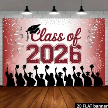 2D Flat, 1pc 2026 Graduation Banner, Red & Gold Party Decor With Confetti, Balloons And "Congrats Graduates" Text, Suitable For Photo Booth Backdrop, Multipurpose Decoration, Holiday Gift, Polyester Material, No Power Required - Multicolor - View 5