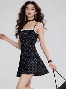 Women Dot Print Mini Dress Slim Ric Rac Square Neck Spaghetti Strap Short A-Line Dresses For Daily Party Club - Black - View 3