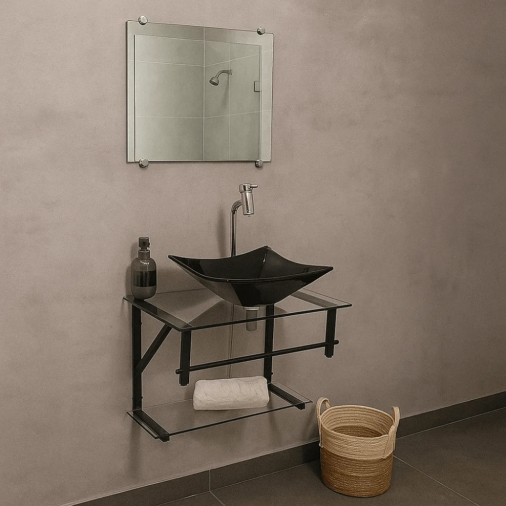 Complete Bathroom Set 40cm: Cabinet + Luxury Glass Sink - Choose Your Color - Minimalist Style For Powder Rooms - 黑色 - 查看 1