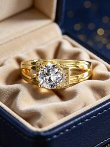 女士镀金立方氧化锆戒指，多层戒圈，现代方形底座设计，奢华新娘风格，订婚/结婚佩戴的理想之选，送给女友周年纪念日的奢华礼物 - 金色 - 查看 2