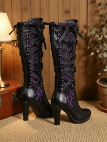 Goth Knee High Boots For Women Y2K Lace Buckle Block Heel Lace Up Knee Length Boots Round Toe High Heel Platform Cosplay Party Halloween Punk Boots - Màu tím - Xem 2