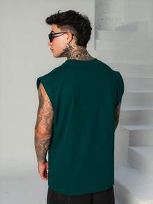 Kit Of 2 DMUNIZ Oversized Streetwear T-Shirts And Tank Tops, Plain High Neck, Crew Neck, Printed Chest - Áo thun đen/Áo ba lỗ xanh lá cây - Xem 3