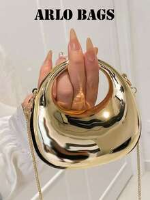 新款亚克力手提包，时尚手拿包，个性化新月形女士晚宴包，带肩链 - 金色 - 查看 8