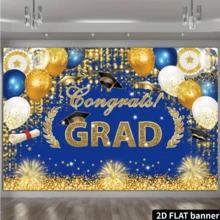 2D Flat Graduation Party Backdrop, Navy Blue With Gold Glitter, Text "Congratulations Graduates", Graduation Cap, Diploma, Glitter, Party Decor, Photo Backdrop, Polyester, No Power Required - Blue - View 3