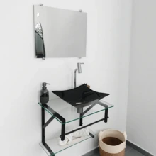 Complete Bathroom Set 40cm: Cabinet + Luxury Glass Sink - Choose Your Color - Minimalist Style For Powder Rooms - 黑色 - 查看 6