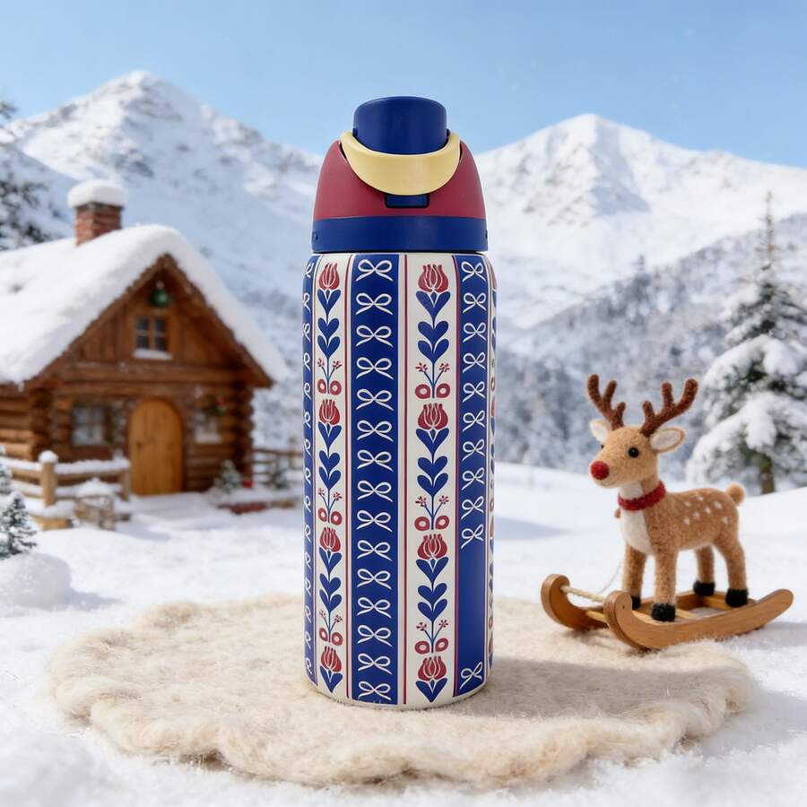 OwaIa Blue Pattern Large Capacity Stainless Steel Water Bottle,32oz/945ml,With A Straw,Exquisite Appearance,Keeps Drinks Hot Or Cold,Can Hold Iced Drinks And Water,Suitable For Leisure,Work,Sports,Indoors And Outdoors,Suitable For Students And Office Workers,As A Gift.Vacuum Flasks-Everyday Tumbler-Perfect Birthday Gift-Father Day Tumbler - 藍色 - 查看 1