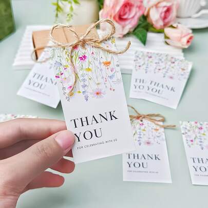 50pcs Wildflower Thank You Cards Floral Thank You Tags, Gift Card With String For Wedding Party, Thank You Paper Tags For Flower Themed Bridal Shower Wedding Party Favors Birthday Party Favor