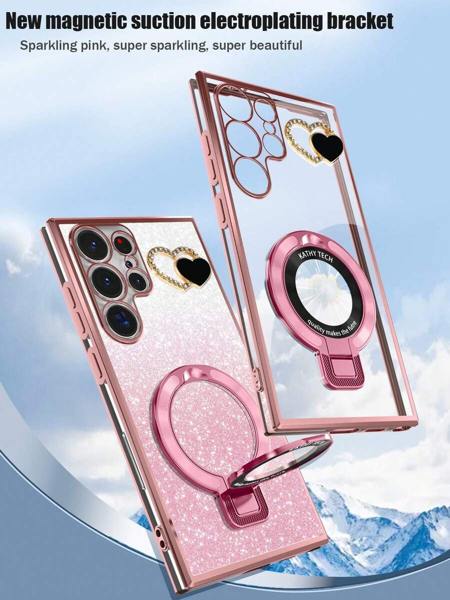 1 Set Heart-Shaped Diamond + New CD Pattern Foldable Holder + Electroplated Protective Phone Case, Suitable For Infinix Zero 30/Pop/Camon/Smart Series, 11/12/13/14/15 Pro Max, S22/23/24+, , OPPO, VIVO, Redmi 13C+, Moto G, Redmi Note 13C/12/11 Pro, Enjoy 20/30/40/50/60/70, HONOR 90/80/70/60/50, X9/X8/X7/X6/X5, Anti-Fall New Electroplating Craftsmanship - Pink - View 1