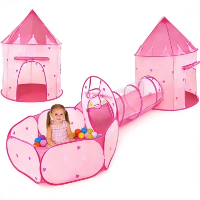 Princess Tent With Tunnel For Girls - 3pc Pop Up Kids Play Tent With Ball Pits For Toddlers - Pink Playhouse Toys Indoor & Outdoor For Birthday Gifts (Balls Not Included)