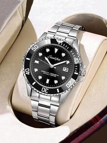 1 pieza Reloj de negocios de cuarzo negro de moda para hombres, correa de acero inoxidable, pantalla de fecha, regalo ideal - Plateado - Ver 3