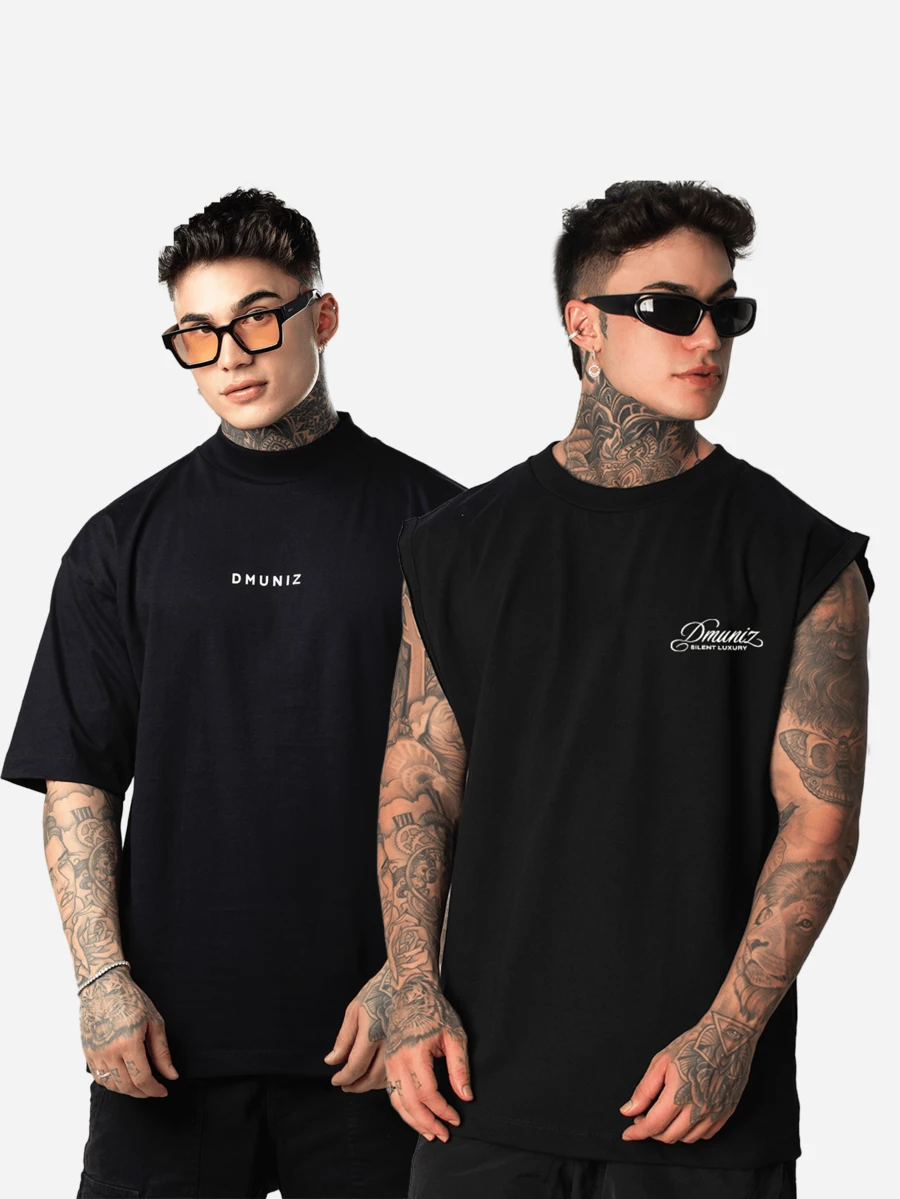 Kit Of 2 DMUNIZ Oversized Streetwear T-Shirts And Tank Tops With High Neck And Chest Print - Silent Luxury - 黑色T卹/黑色背心 - 查看 1