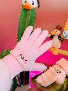 1双 时尚冬季毛绒五指手套，女士保暖防寒手套，户外骑行刺绣可爱户外骑行手套/连指手套