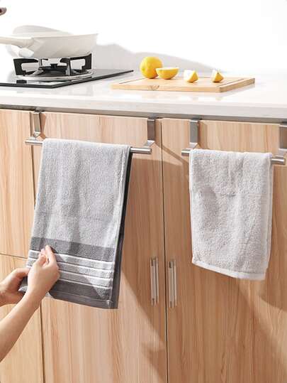 1pc Stainless Steel Single Bar Towel Rack, No Drilling Cabinet Door Mounted Dishcloth Hanger, Bathroom Towel Rack Holder, Wall Mounted Towel Bar