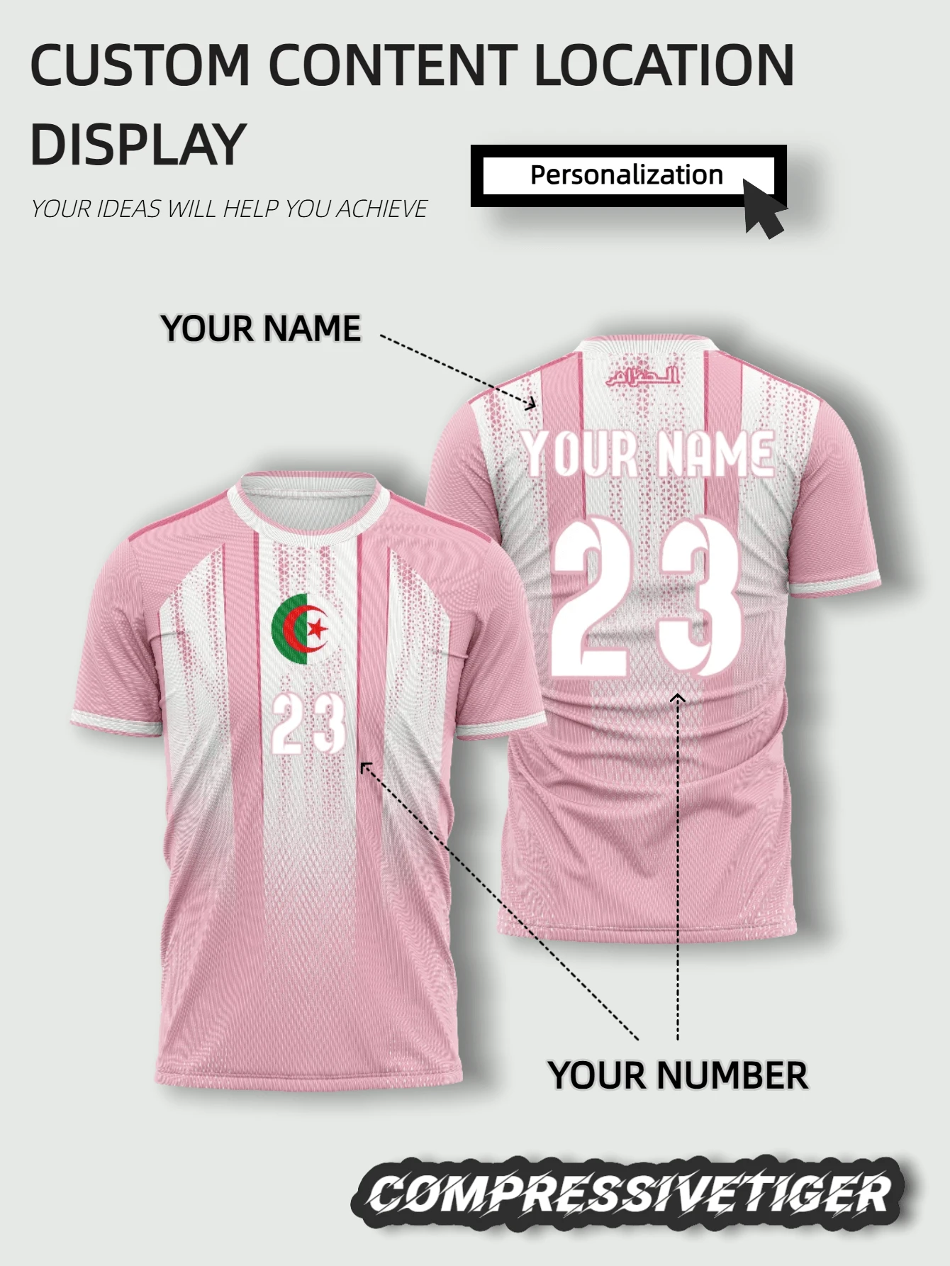 Maillot de soccer personnalisé Algérie rose Coupe du Monde 2026 pour hommes - Top d'entraînement respirant et séchage rapide, personnalisé avec nom et numéro (devant/dos) - Version fan, convient pour le soccer, la fitness, le port décontracté - Cadeau pour le printemps/été, Halloween, Thanksgiving, Noël et Nouvel An, équipe nationale - Rose bonbon - Voir 1